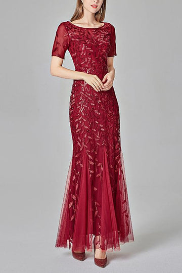 Mermaid Short Sleeves Red Ball Dress